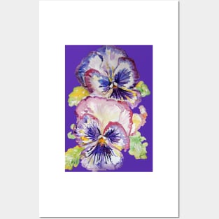 Pansy Watercolor Purple Flower Pattern on Dark Purple Posters and Art